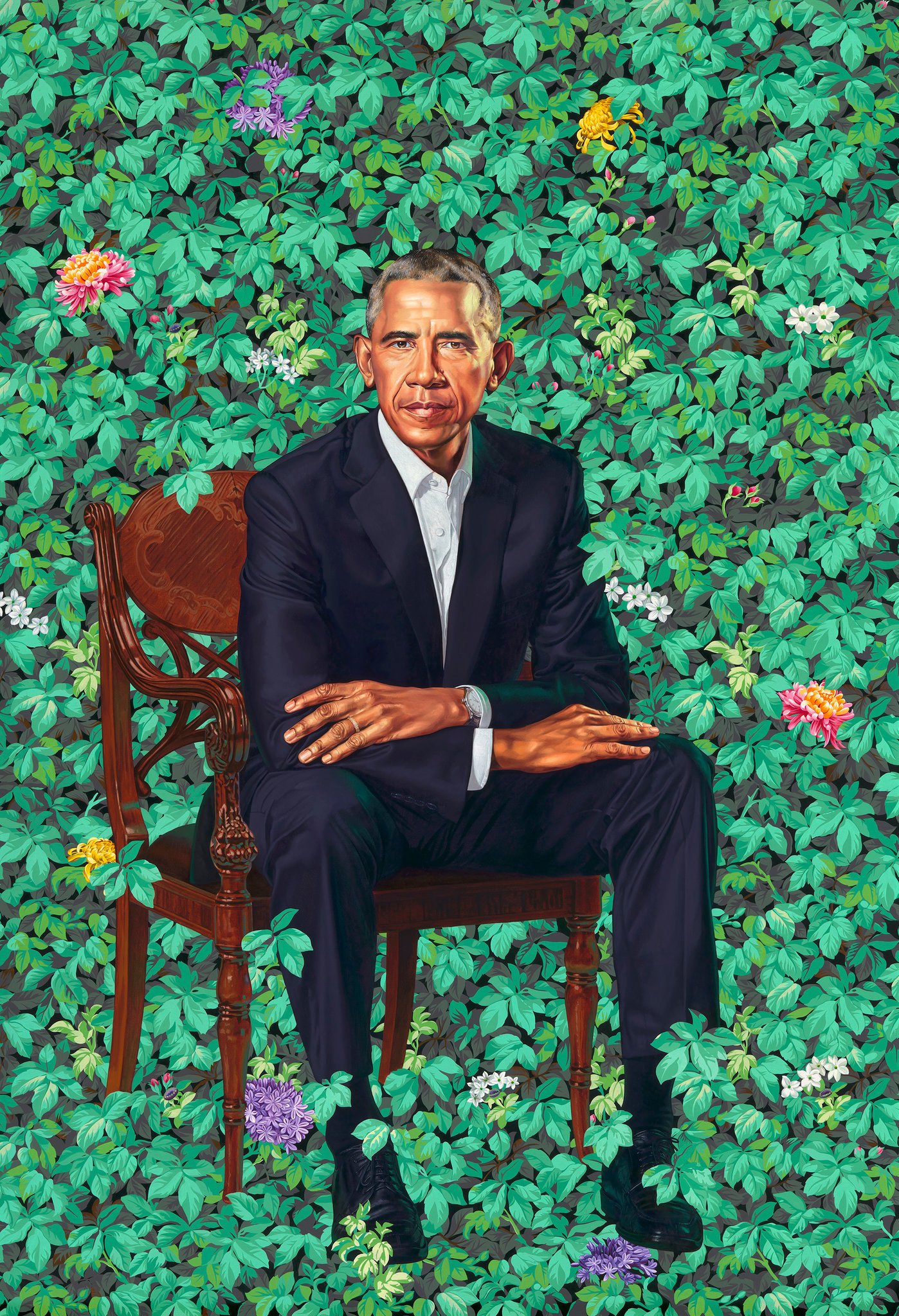 Presidential portrait of Barack Obama by Kehinde Wiley.